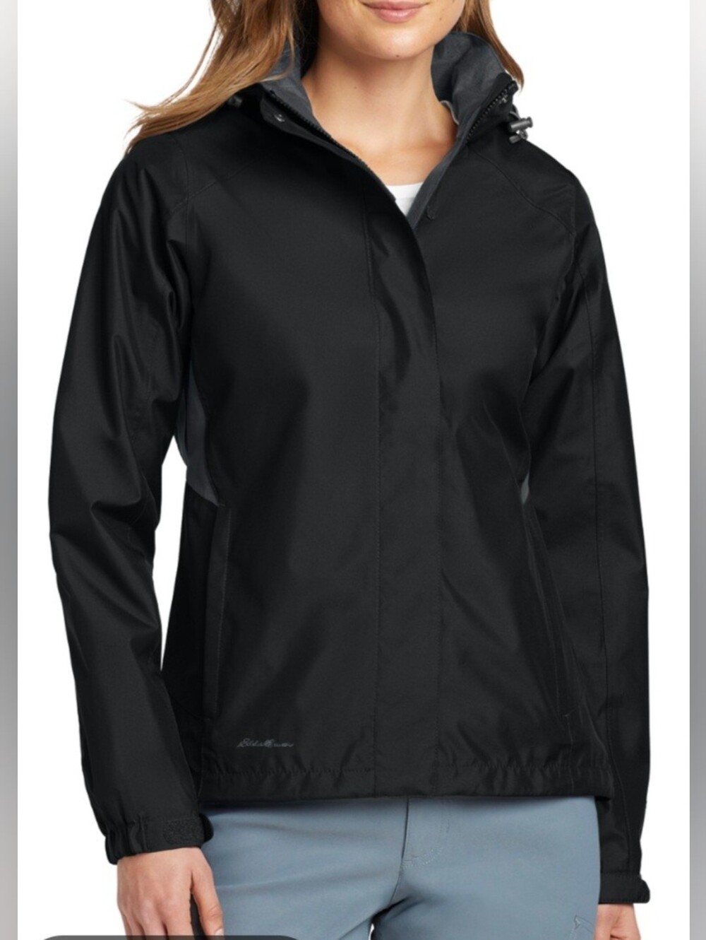 Ladies Eddie Bauer Weatheredge Lined Hooded Rain Jacket Black Black PLRG
